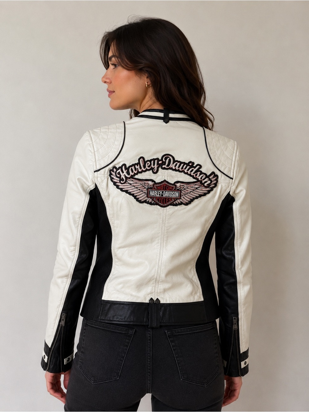 Harley-Davidson Amelia White and Black Colorblocked Women's Leather Jacket sz S